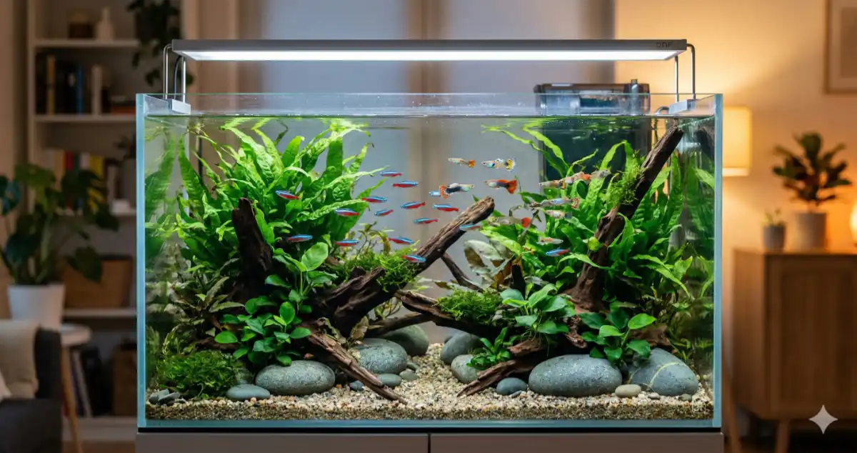 Aquário de água doce montado para iniciantes com plantas naturais, neon tetras e troncos decorativos